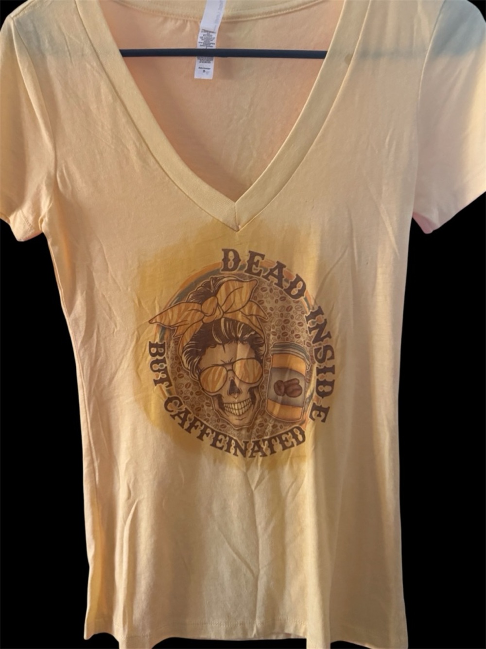 Next Level Apparel Yellow V-Neck 'Dead Inside, 88% Caffeinated' Graphic Tee